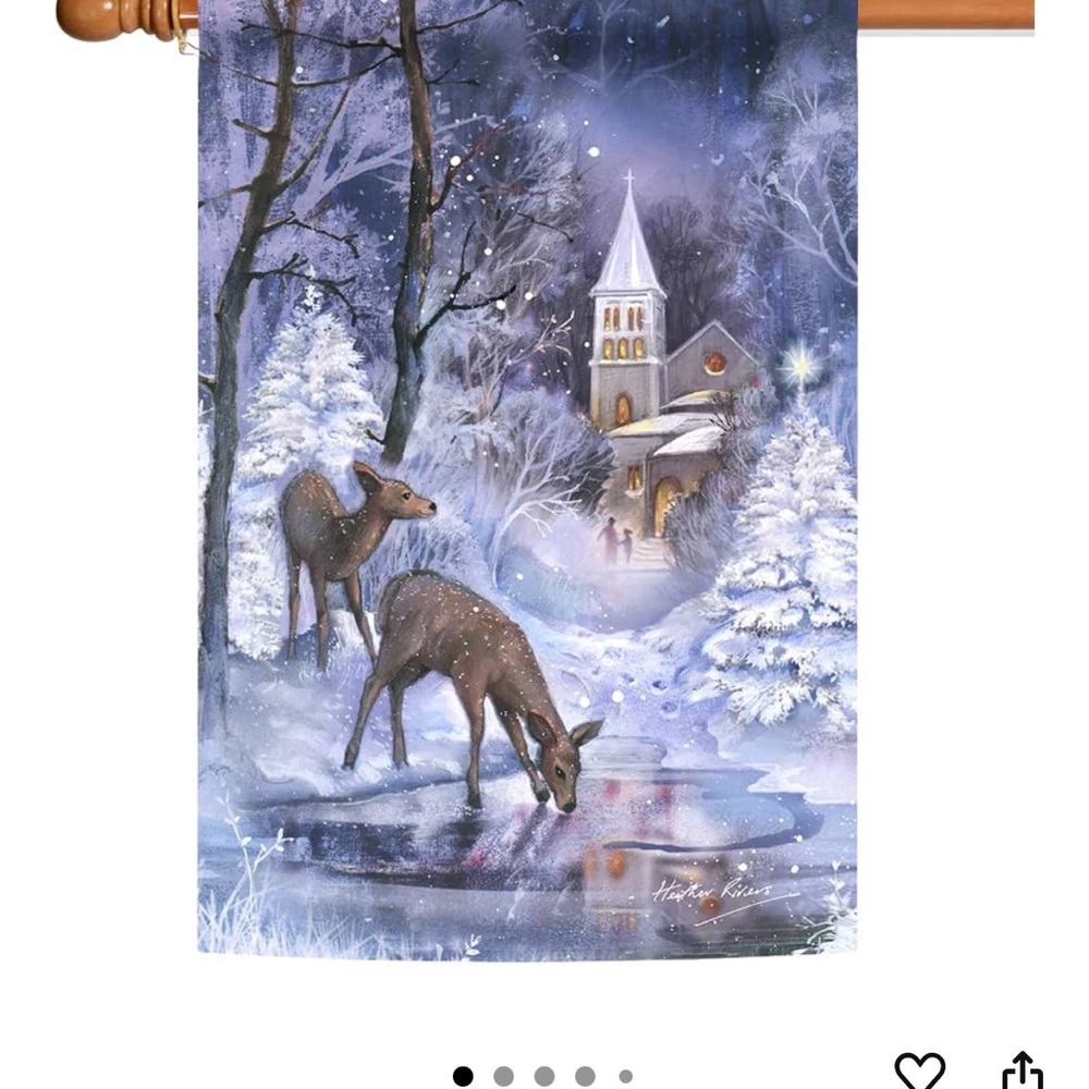 Winter Wonderland Wall Tapestry with Deer and Church Scene flag 28x40
